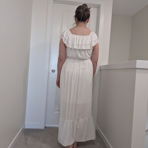 White Off-Shoulder Ruffle Maxi Dress | Elastic Waist & Tiered Hem - Picture 9 of 9